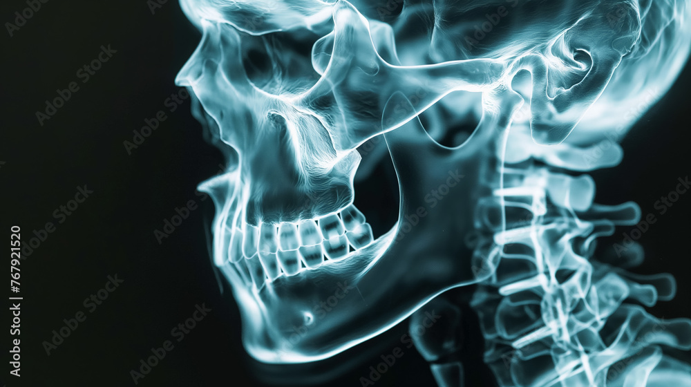 A digital x-ray image of a human skull enveloped in blue smoke, blending science and art. A digital x-ray image of a human skull enveloped in blue smoke, blending science and art.