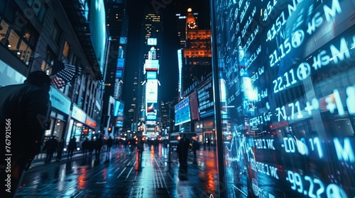 A bustling city street at night, illuminated by digital financial numbers and neon lights reflecting on the wet pavement. Neon Finance Numbers on City Street at Night

