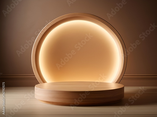 Round wooden podium with beautiful backlighting and haze in delicate pastel golden brown tones. © Jam.ilia