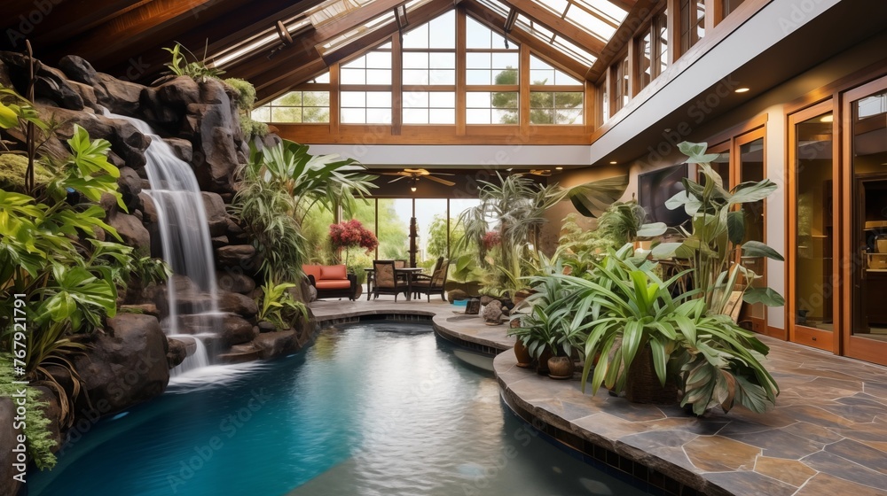 Indoor saltwater pool with waterfall features and tropical landscaping