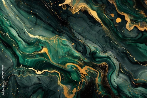 Abstract dark green and gold marble texture with fluid ink swirls, luxury background, digital painting
