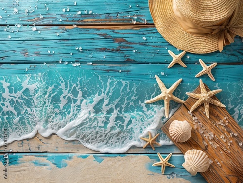 Retro Summer Voyage - Beach Travel Background - Exotic Sea with Vintage Wood Board, Starfish, and Straw Hat for Romantic Holiday 
