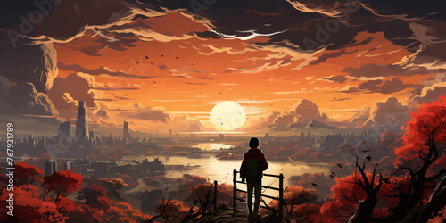 A man stands on a bridge overlooking a city and a river