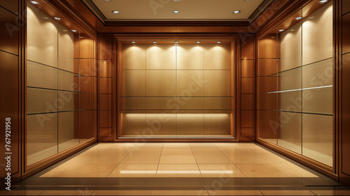 Spacious, well-lit display room with empty glass shelves and wood paneling, evoking a luxurious atmosphere.