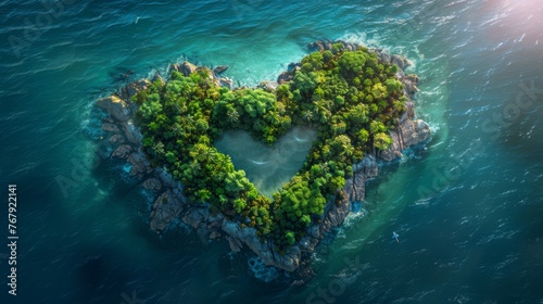 Tropical island aerial view, heart shape land, summer vacation concept
