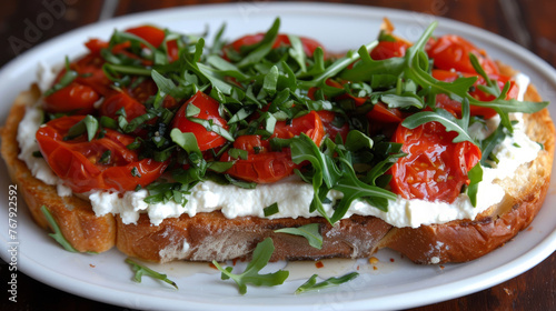 Bruschetta with fresh tomatoes and arugula and country cheese, summer light snack.