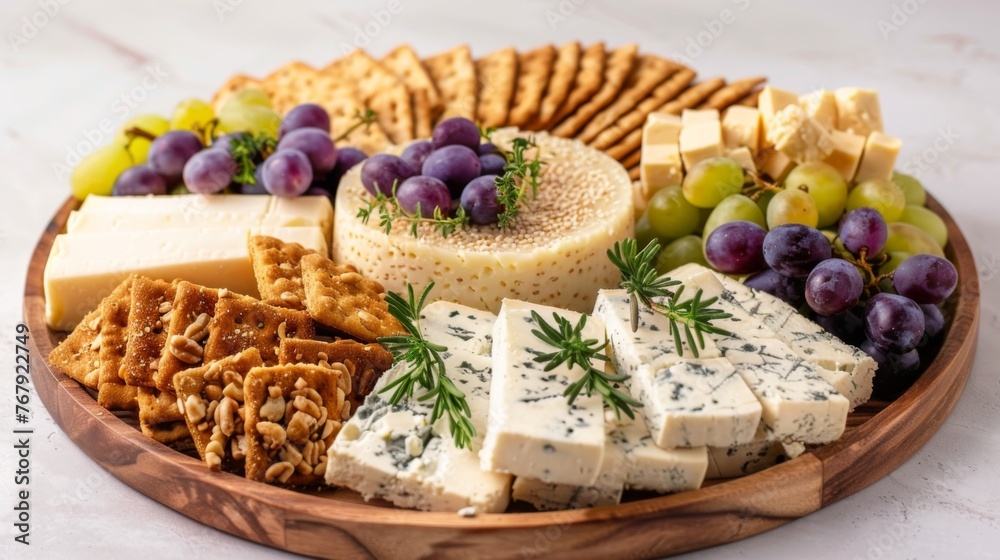 A gourmet selection of assorted cheeses, fresh grapes, and crackers artfully arranged on a round wooden platter, perfect for entertaining.