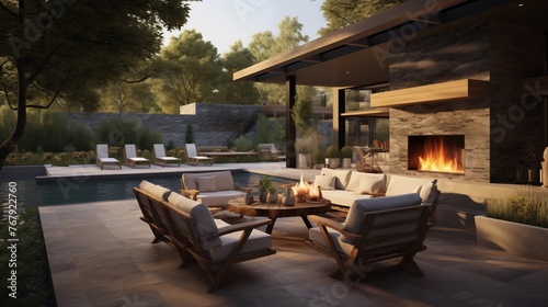 Indulgent outdoor living space with kitchen, fire pit lounge, and plunge pool © Aeman