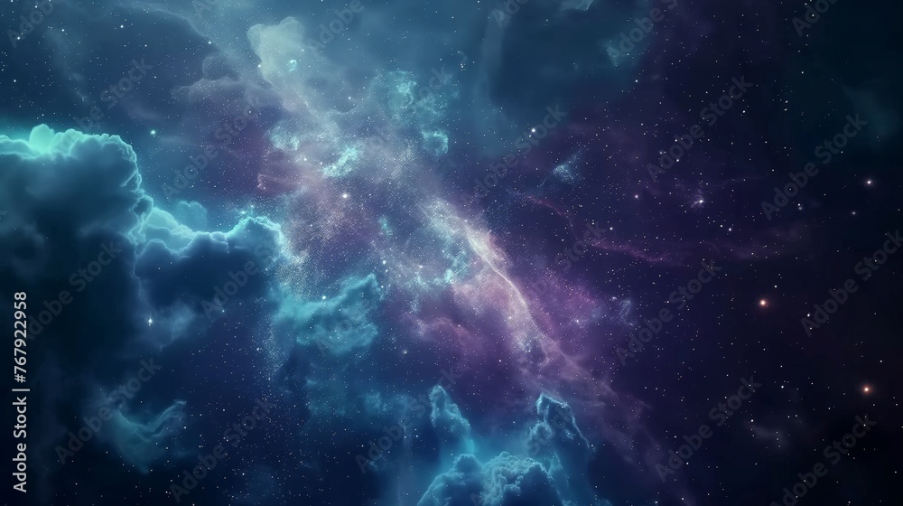Nebulous clouds and glittering stars in a tranquil universe scene.