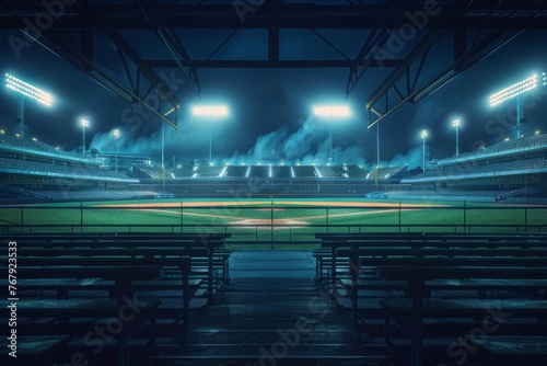 Atmospheric night shot of a baseball stadium seen from the bleachers, with illuminated field and stands, digital painting