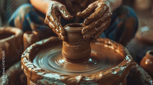 A focused artisan creating a clay pot on a pottery wheel, hands covered with wet clay, in a pottery workshop.
