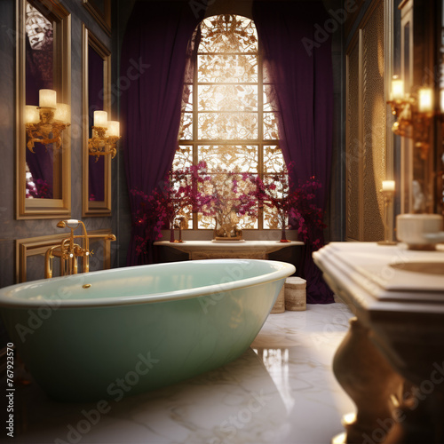 Luxury bathroom in gold  green and purple 