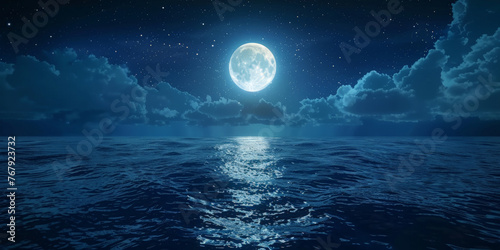 full moon on  sea at night background, blue moon with clouds on ocean,banner