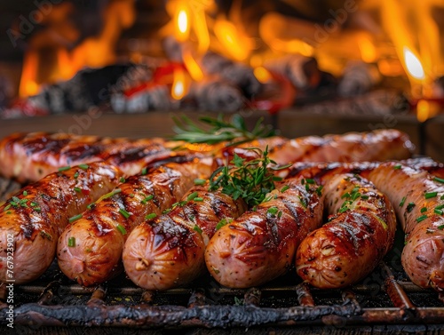 Bratwurst and Ham Sausage - Gourmet Food Featuring Pork Meat - Warm Restaurant Lighting - Savory and Flavorful 