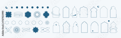 Islamic window frame shapes with star and moon elements illustrations collection. Arabian architecture geometric arch door silhouettes set. Ramadan Kareem mosque gates icons. Isolated