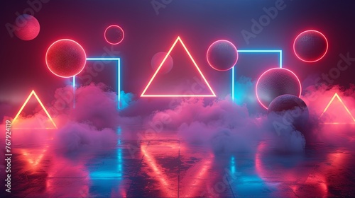 Vivid neon geometric shapes floating above a misty surface with a perfect reflection in water, exuding a futuristic ambiance.