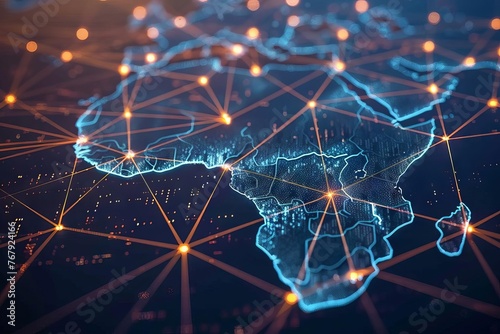Blockchain technology network expanding across map of Africa  futuristic digital concept illustration