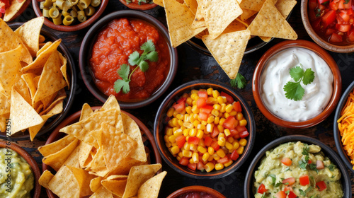 Assorted Mexican Dips with Tortilla Chips, Ideal for Parties and Snack Time