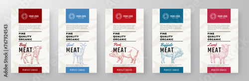 Organic Meat Vector Packaging Design Textured Label Templates Set. Beef, Pork, Lamb Food Product Banners. Hand Drawn Domestic Animals Backgrounds Layout Collection Isolated