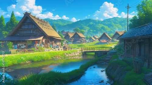 Anime japanese countryside vilalge in the mountains, river and wheat fields