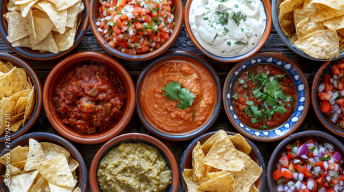 Colorful Array of Mexican Dips with Crispy Tortilla Chips, Perfect for Social Gatherings