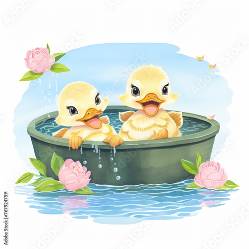 Cheerful ducklings wading through watercolor lotus flowers their joy juxtaposed with a white background © Sara_P