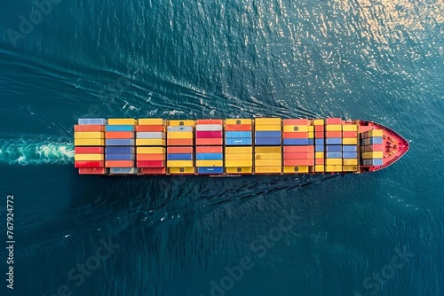 Cargo Ship Loaded with Colorful Containers Sailing in the Vast Ocean, Concept of International Shipping and Transportation, aerial photography