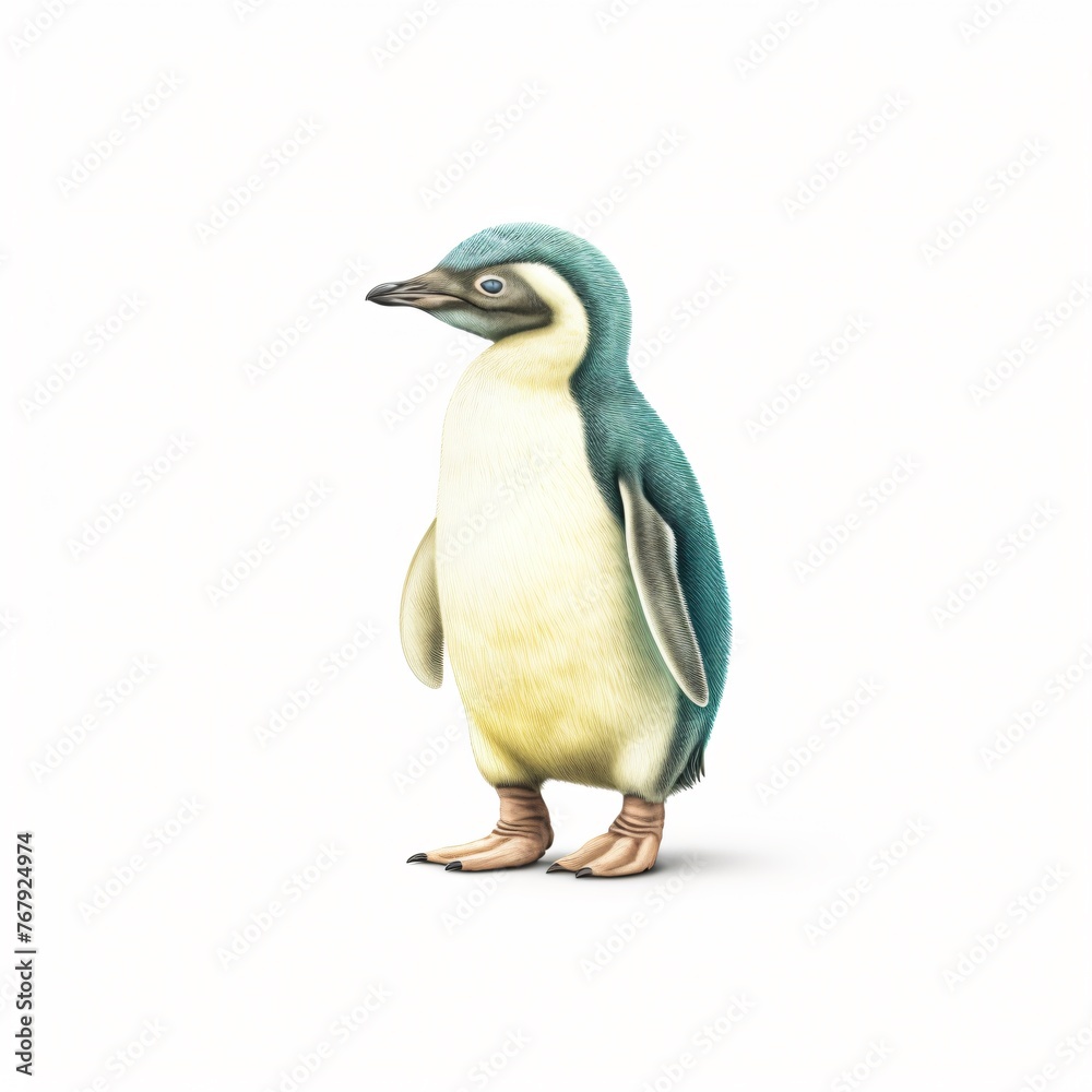 Obraz premium Curious penguin chick waddling its fluffy texture contrasted sharply with the white canvas embodying innocence