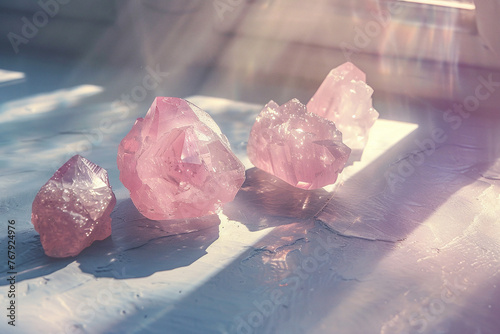 rose quartz crystals close up in daylight. pink healing mineral geode texture, esoteric concept, witchcraft gem for spiritual healing