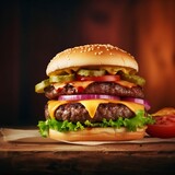 Hamburguesa doble carne con queso americano sobre una tabla de madera con un restaurante de fondo. Creado con IA