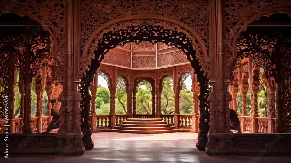 Intricate Indo-Portuguese carved wood pavilion with arched columns, vibrant sculpted walls, and delicate cutwork