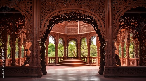 Intricate Indo-Portuguese carved wood pavilion with arched columns, vibrant sculpted walls, and delicate cutwork