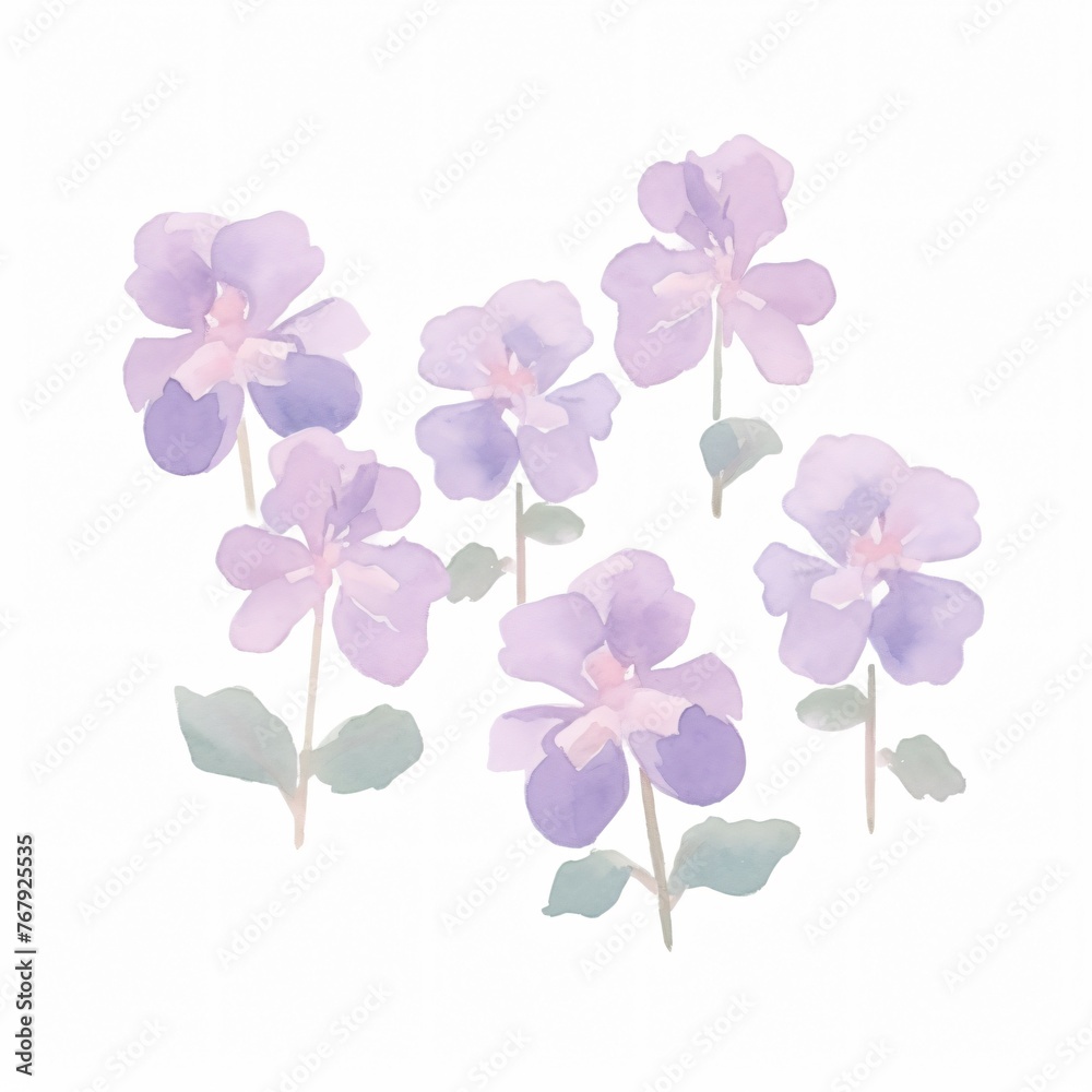 Gentle watercolor violets their purple hues soft and inviting against the clean white backdrop exuding tranquility