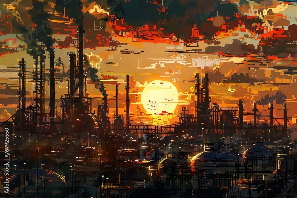 Dramatic sunset over industrial oil refinery with intricate network of pipes, tanks and structures, digital illustration