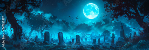 A spooky graveyard at night with tombstones  fog  and ominous moonlight in shades of blue green background  Spooky Cemetery With Moon  halloween scarry night horror  banner  