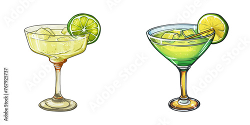 Two glasses filled with various drinks on a table.