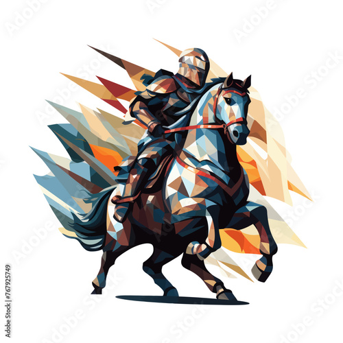 A painting depicting a knight riding a horse.