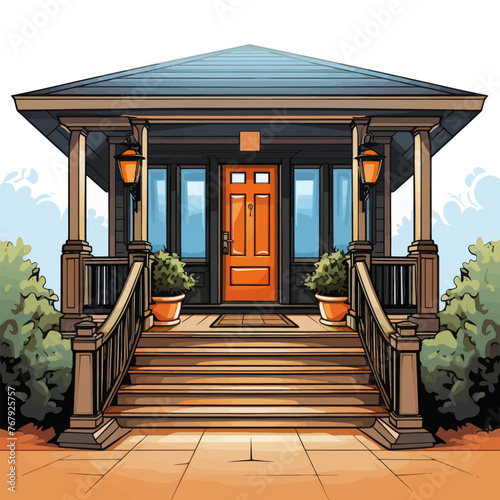 A detailed drawing of a residential house featuring a porch and stairs.