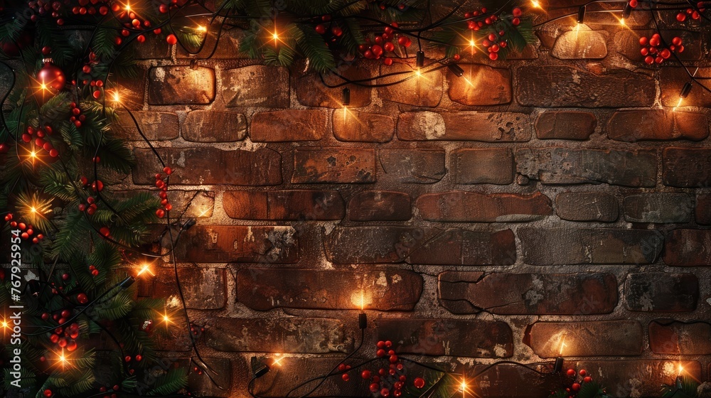 photo realistic christmas lights laid out beautifully for top down photo dim lighting brick background  
