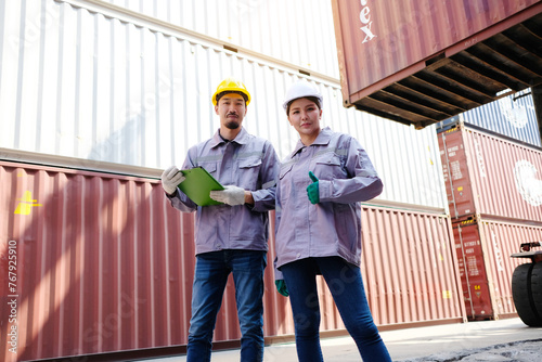 Engineers and employees work at shipping containers or shipping containers.