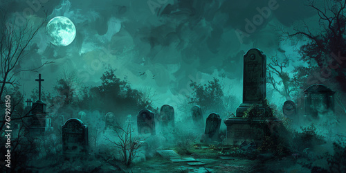 A spooky graveyard at night with tombstones, fog, and ominous moonlight in shades of blue green background, Spooky Cemetery With Moon  halloween,scarry night horror, banner	
 photo