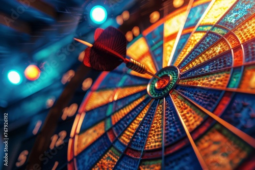 Colorful dartboard with bullseye dart, business success concept, 3D illustration