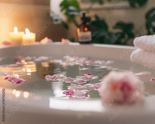 Romantic Bath with Rose Petals and Ambient Lighting. A romantic bath setup with scattered rose petals and candles providing warm ambient lighting for a relaxing experience.