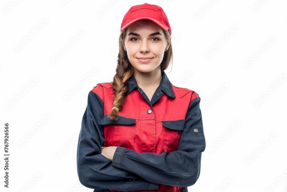 Confident young female mechanic in professional uniform, isolated on white background Confident young female mechanic in professional uniform, isolated on white background