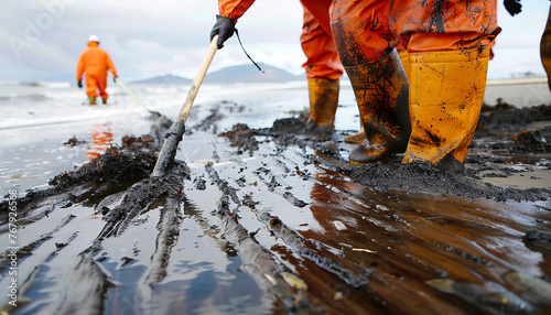 Spilled oil being meticulously cleaned up on a beach - illustrating the environmental repercussions and cleanup efforts linked to oil spills.