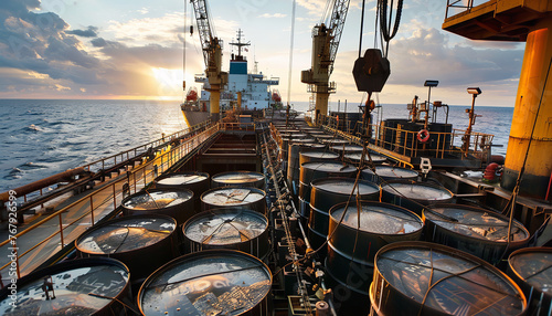 Barrels of oil being loaded onto a massive cargo ship - depicting the transportation and global trade aspects of the oil industry."