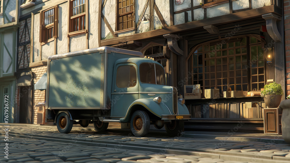 Classic delivery vehicle parked by a quaint European-style building in a cobbled street