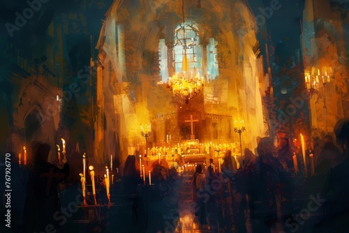 Cozy candlelit church interior during Candlemas procession with people holding candles, soft focus, digital painting