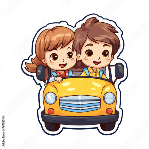 A couple sitting in the backseat of a yellow car during a drive.