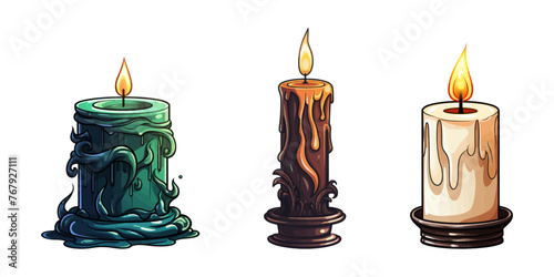 Three candles of different colors against a plain white backdrop.